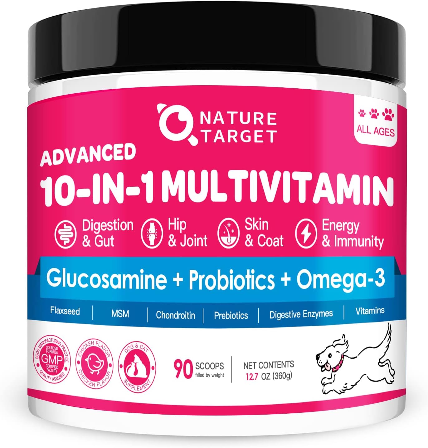 Nature Target 10-in-1 dog vitamins powder jar front view