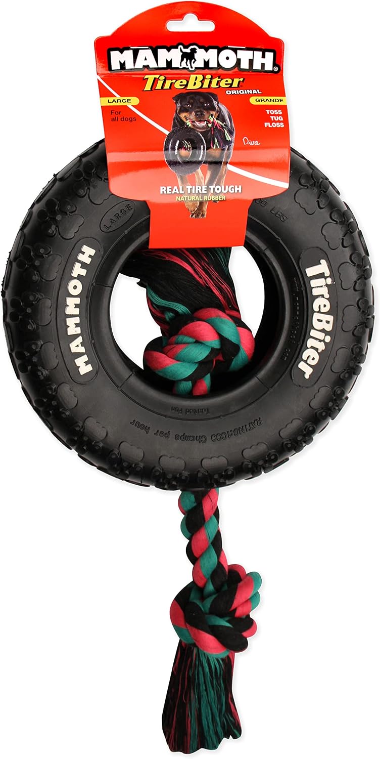 Mammoth TireBiter II natural rubber tire toy with red and yellow braided rope