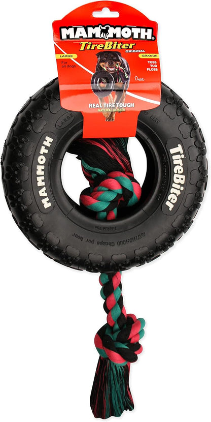 Mammoth TireBiter II natural rubber tire toy with red and yellow braided rope