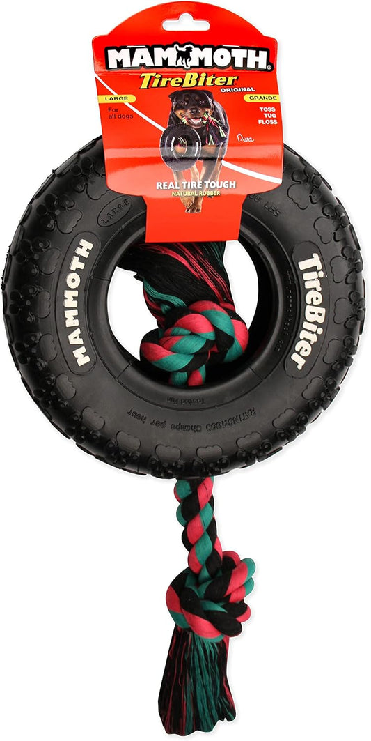 Mammoth TireBiter II natural rubber tire toy with red and yellow braided rope