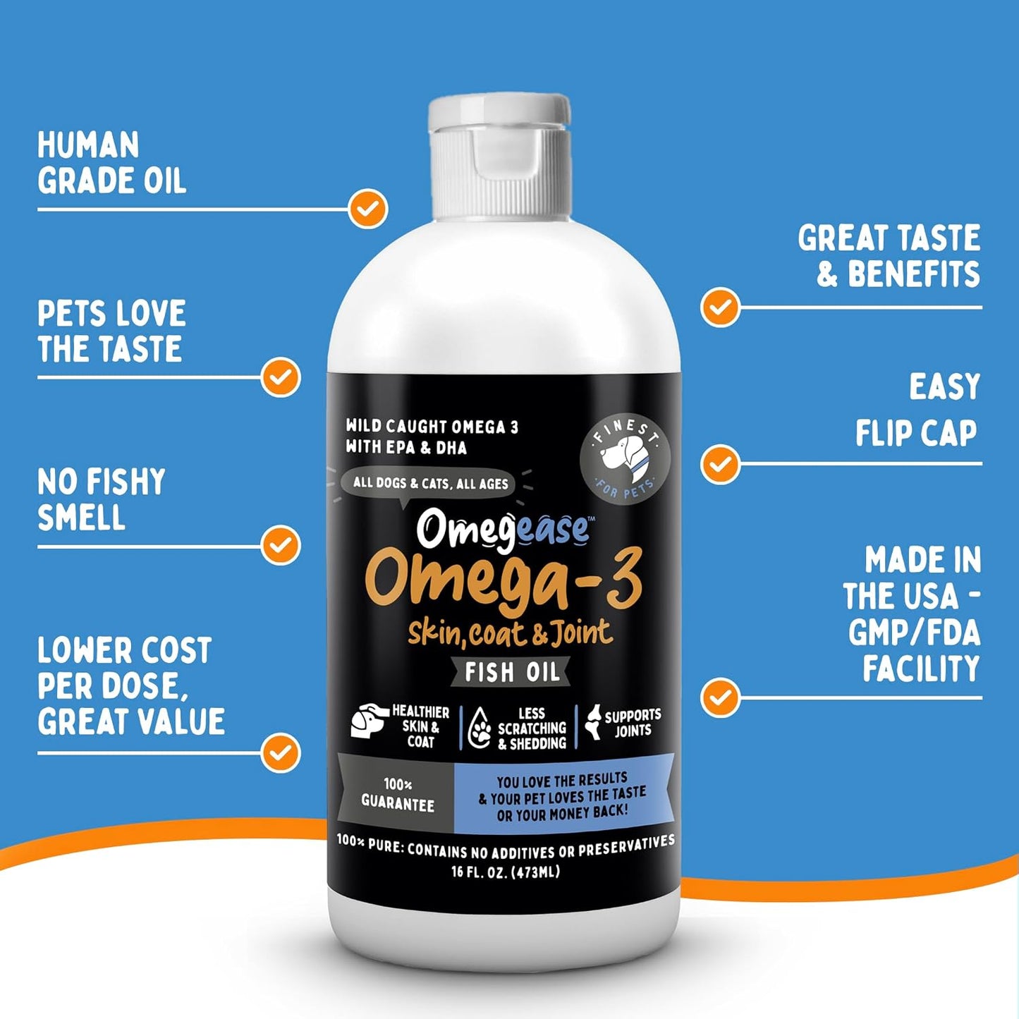 Back label of Omegease 32 Ounce fish oil displaying EPA DHA nutritional profile and ingredients