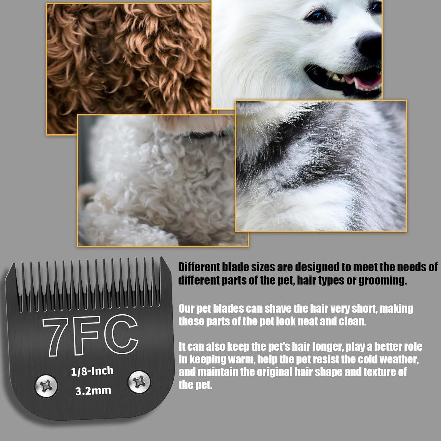 Close up view of 440C stainless steel pet groomer blades showing sharp cutting teeth