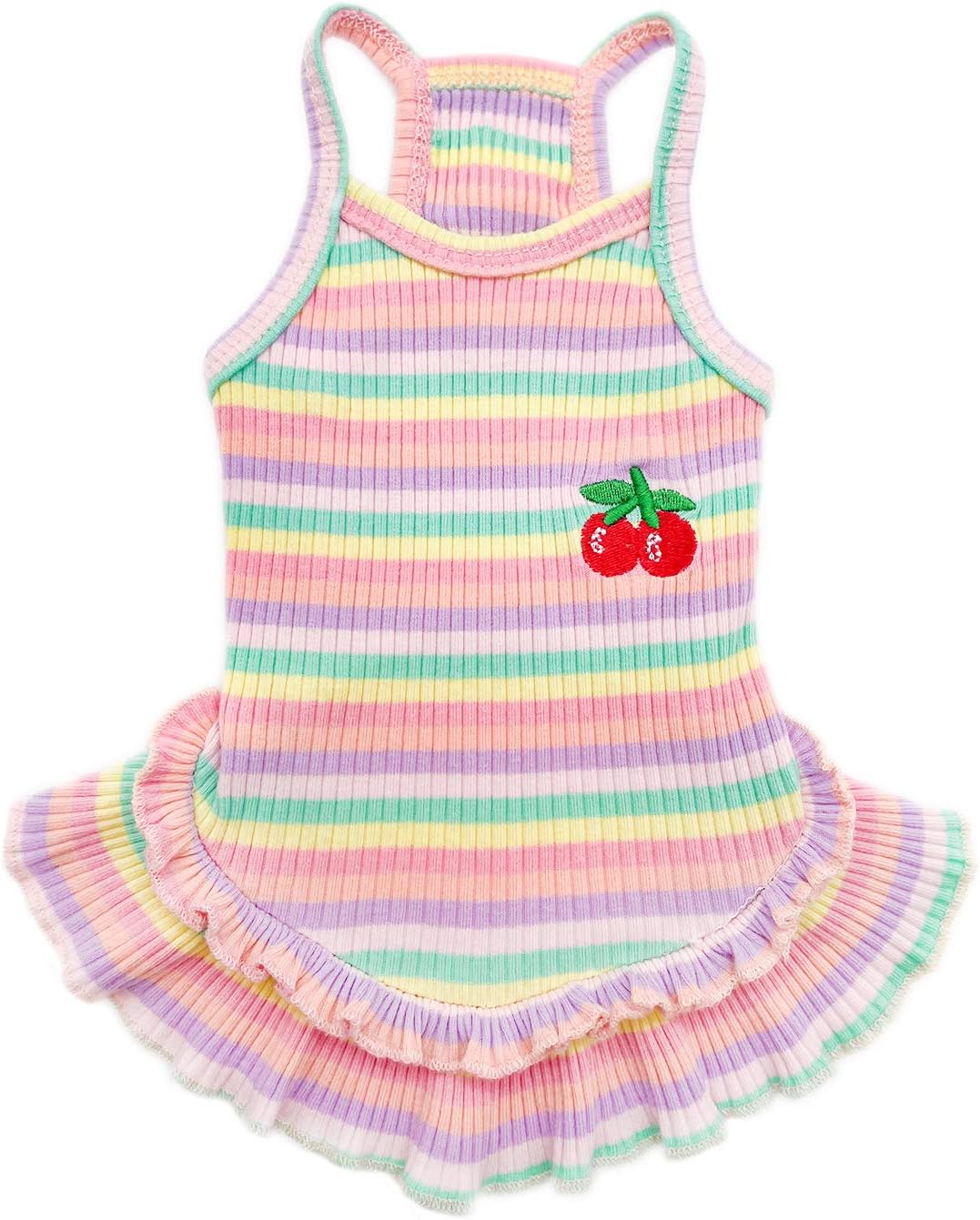 PETPUBGNZS cute dog dress front view showing vibrant rainbow colorful stripes and cherry patch.