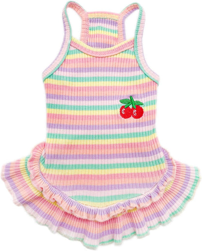 PETPUBGNZS cute dog dress front view showing vibrant rainbow colorful stripes and cherry patch.