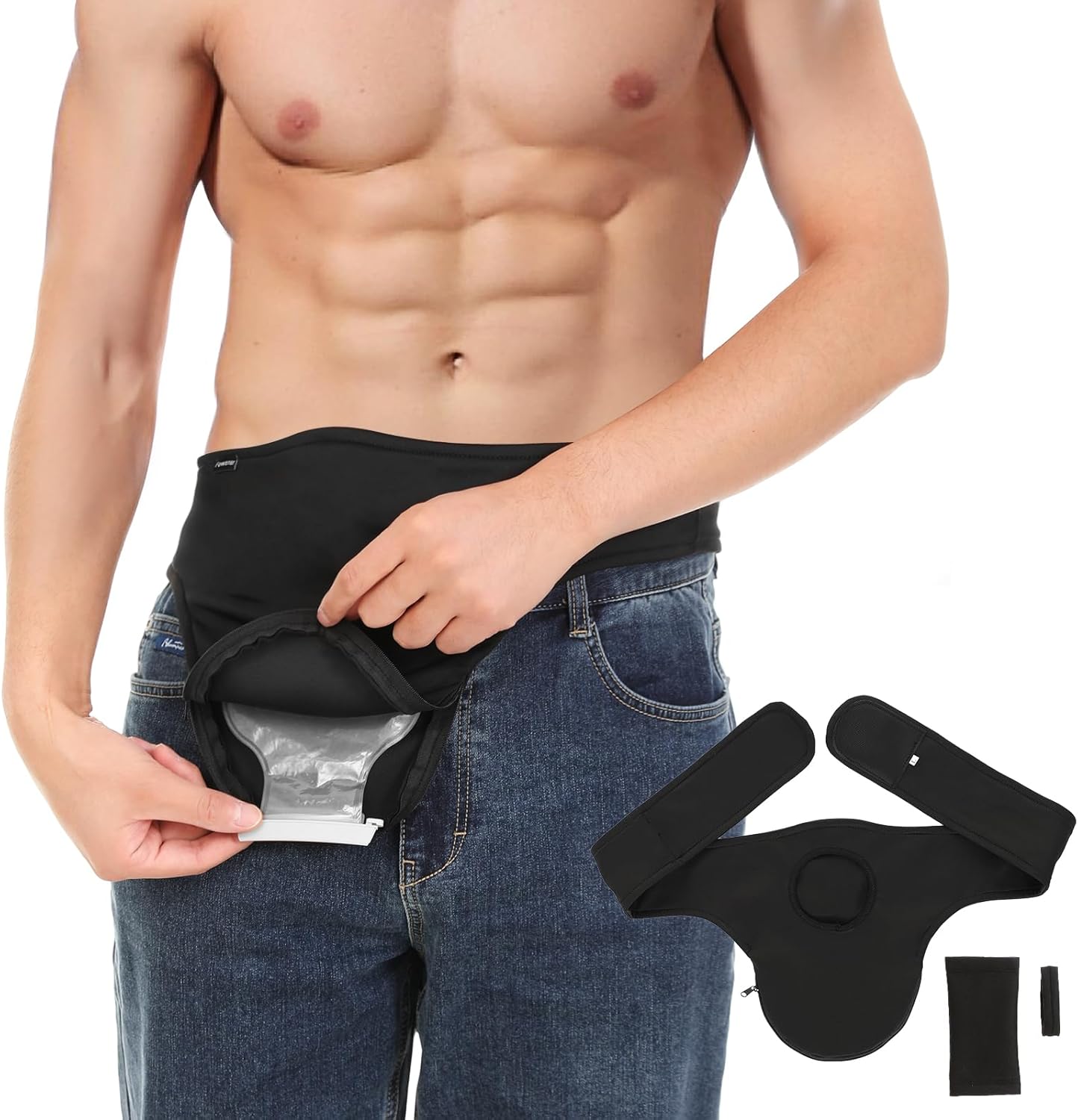 Fanwer ostomy support belt black stealth wrap front view highlighting smooth medical grade compression fabric