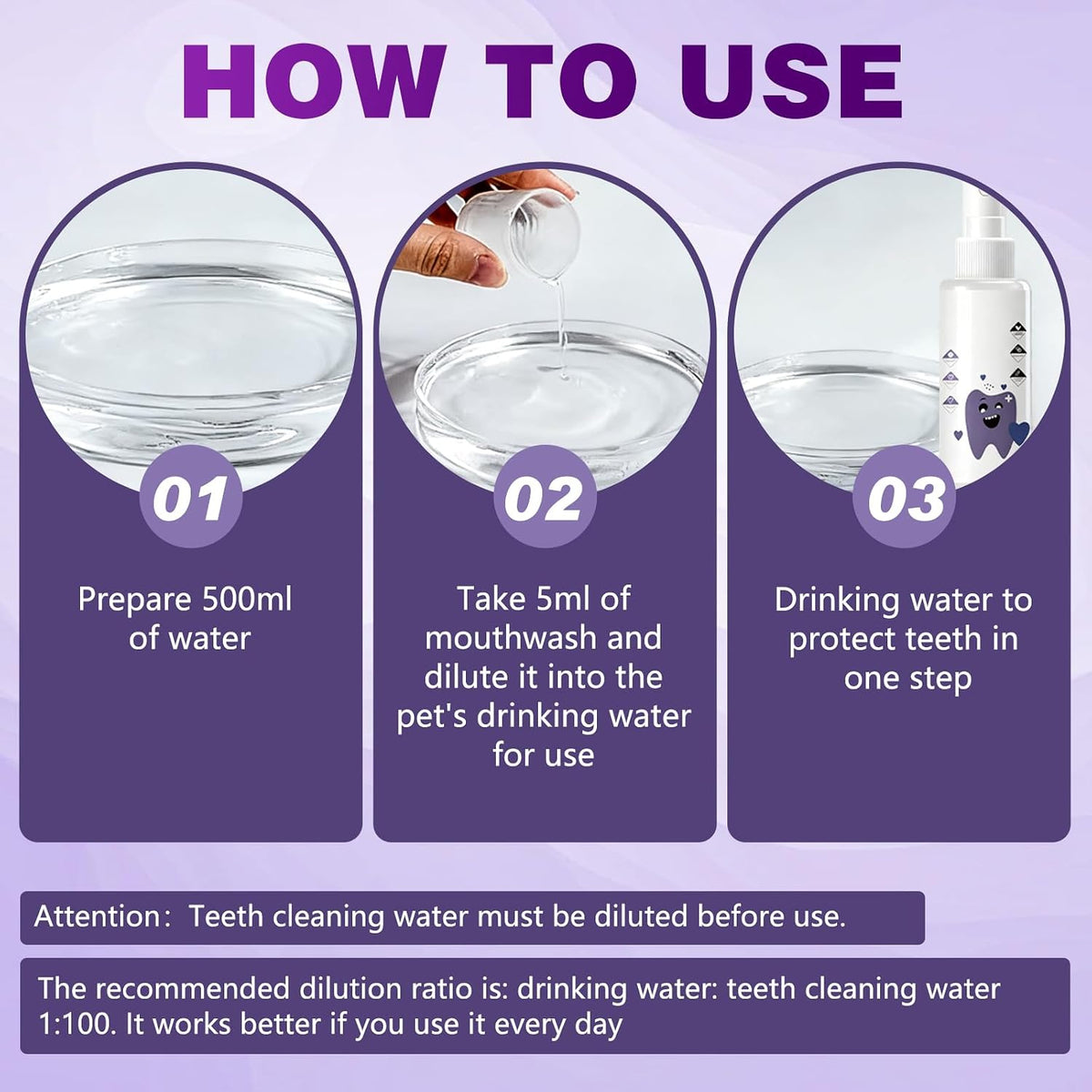 Cat and dog dental water additive for easy fresh breath maintenance.