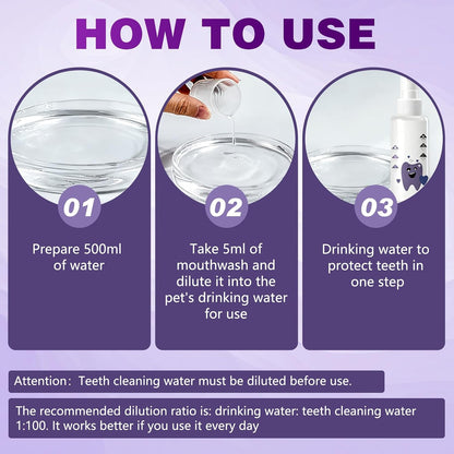 Cat and dog dental water additive for easy fresh breath maintenance.