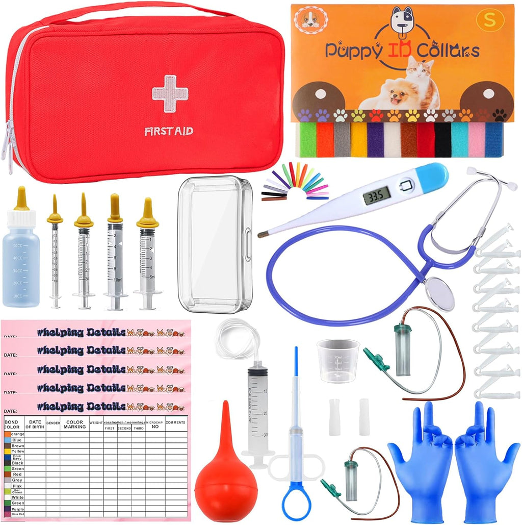 Kewen Puppy Kitten Whelping Supplies kit front view showing the red first aid zippered storage bag