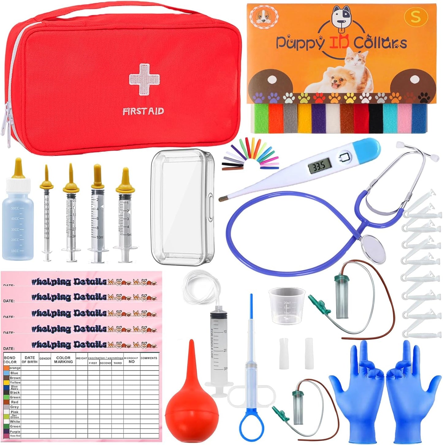 Kewen Puppy Kitten Whelping Supplies kit front view showing the red first aid zippered storage bag