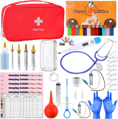 Kewen Puppy Kitten Whelping Supplies kit front view showing the red first aid zippered storage bag