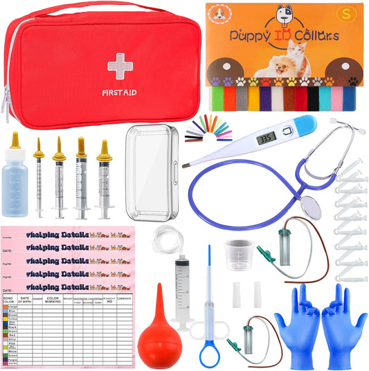 Kewen Puppy Kitten Whelping Supplies kit front view showing the red first aid zippered storage bag