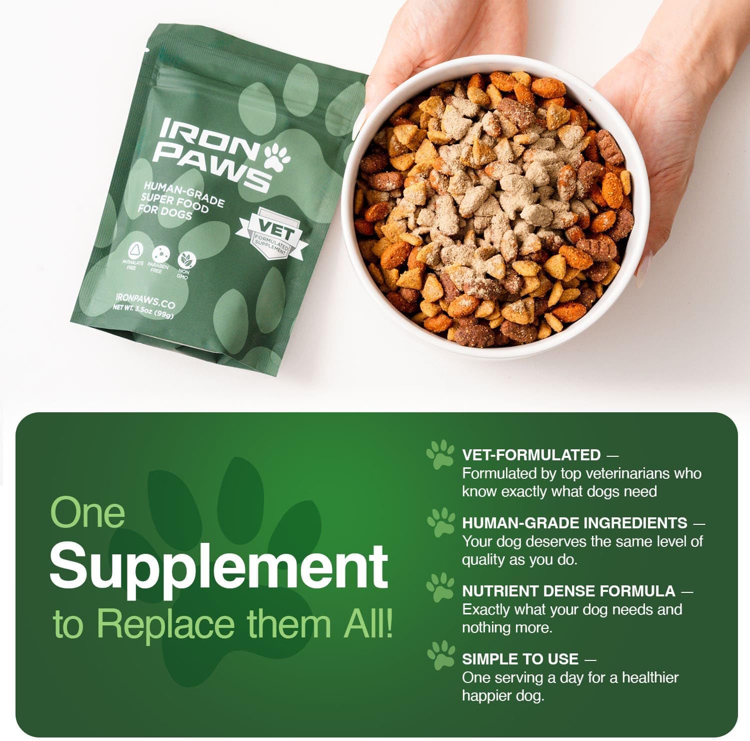 Premium dog allergy and immune support greens powder mixed with kibble