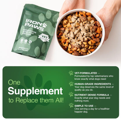 Premium dog allergy and immune support greens powder mixed with kibble