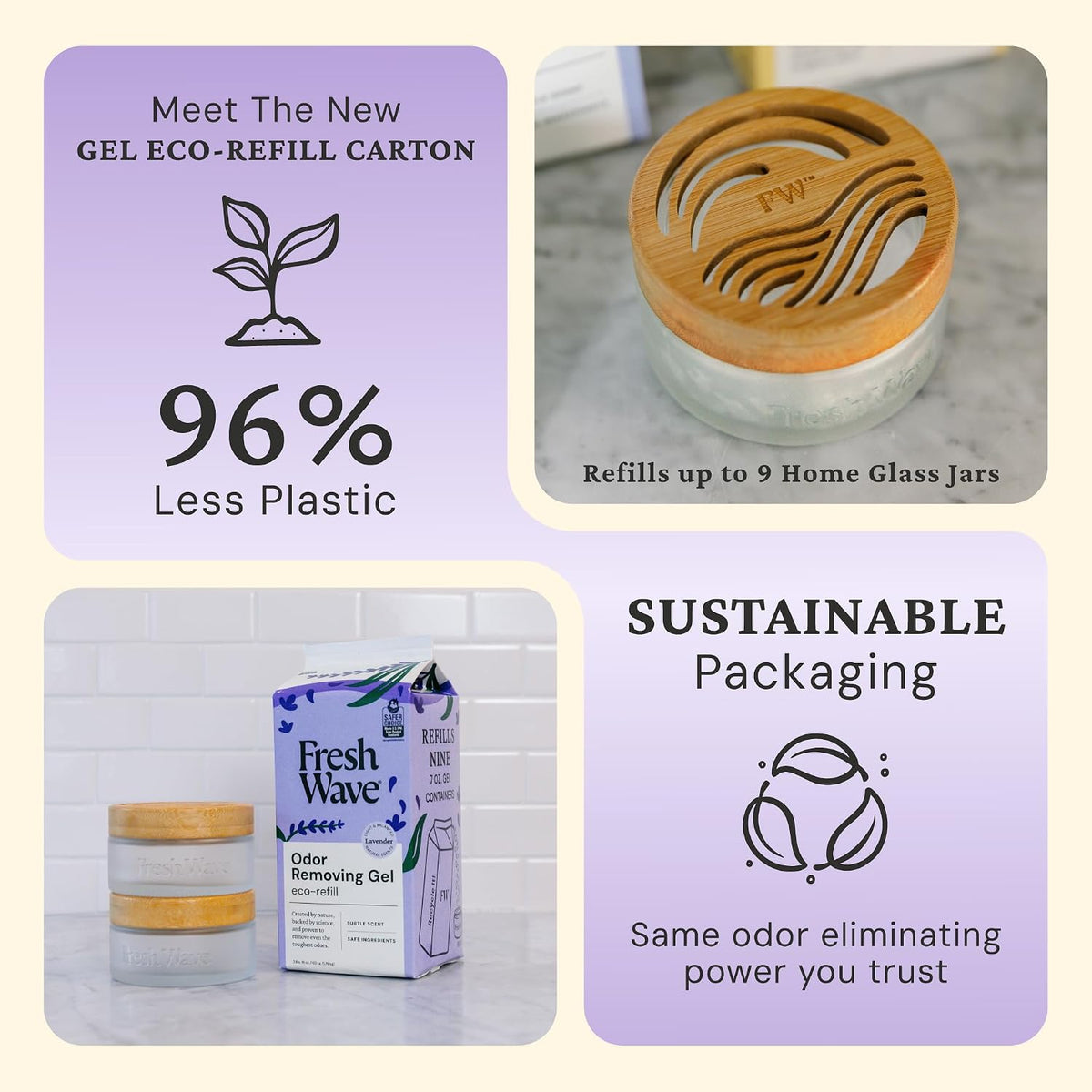 Fresh Wave non-toxic lavender odor absorber kit including two glass jars with bamboo lids on a clean countertop.