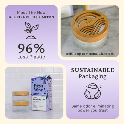 Fresh Wave non-toxic lavender odor absorber kit including two glass jars with bamboo lids on a clean countertop.