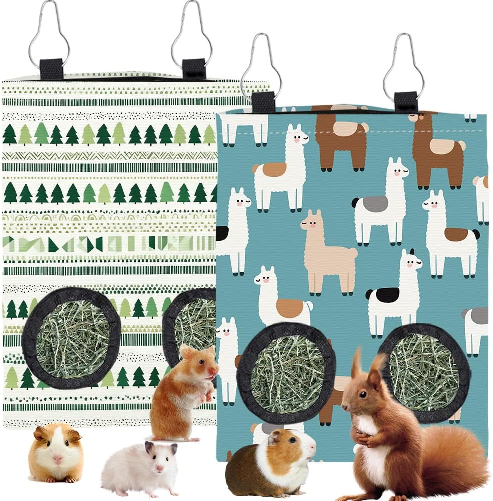 2Pcs 2 Styles Small Pet Hanging Hay Bag Pink Hay Feeder Bag with 2 Holes Bowknot Pattern Cloth Washable Rectangle Feeding Storage for Rabbit Chinchillas Hamsters Guinea Pigs 12 x 9 Inch - Image 14
