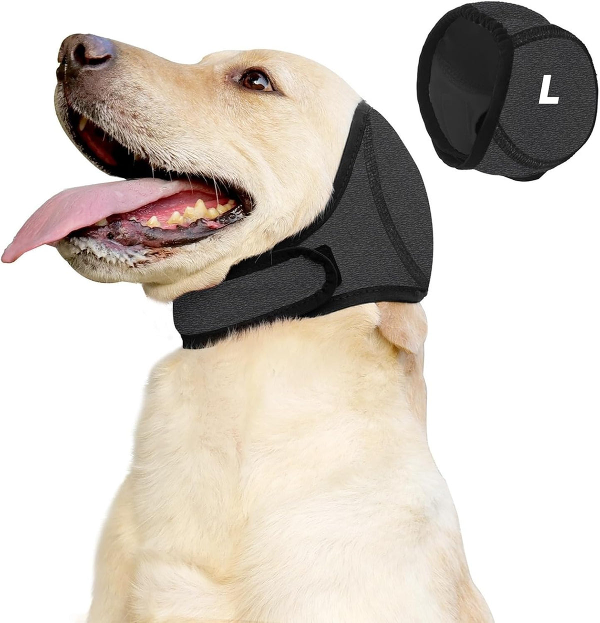 Fenyotech dog calming hoodie front view showing grey noise cancelling ear muffs on large dog.