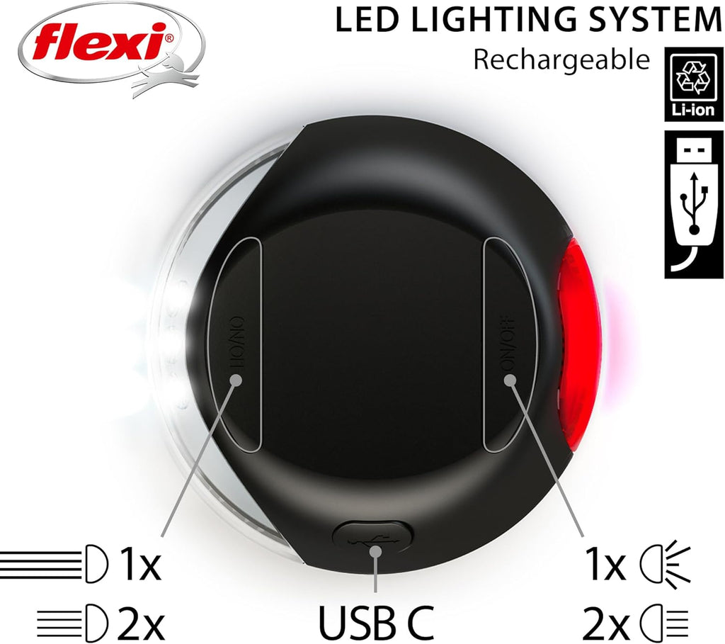 Flexi rechargeable LED light attached to pet leash