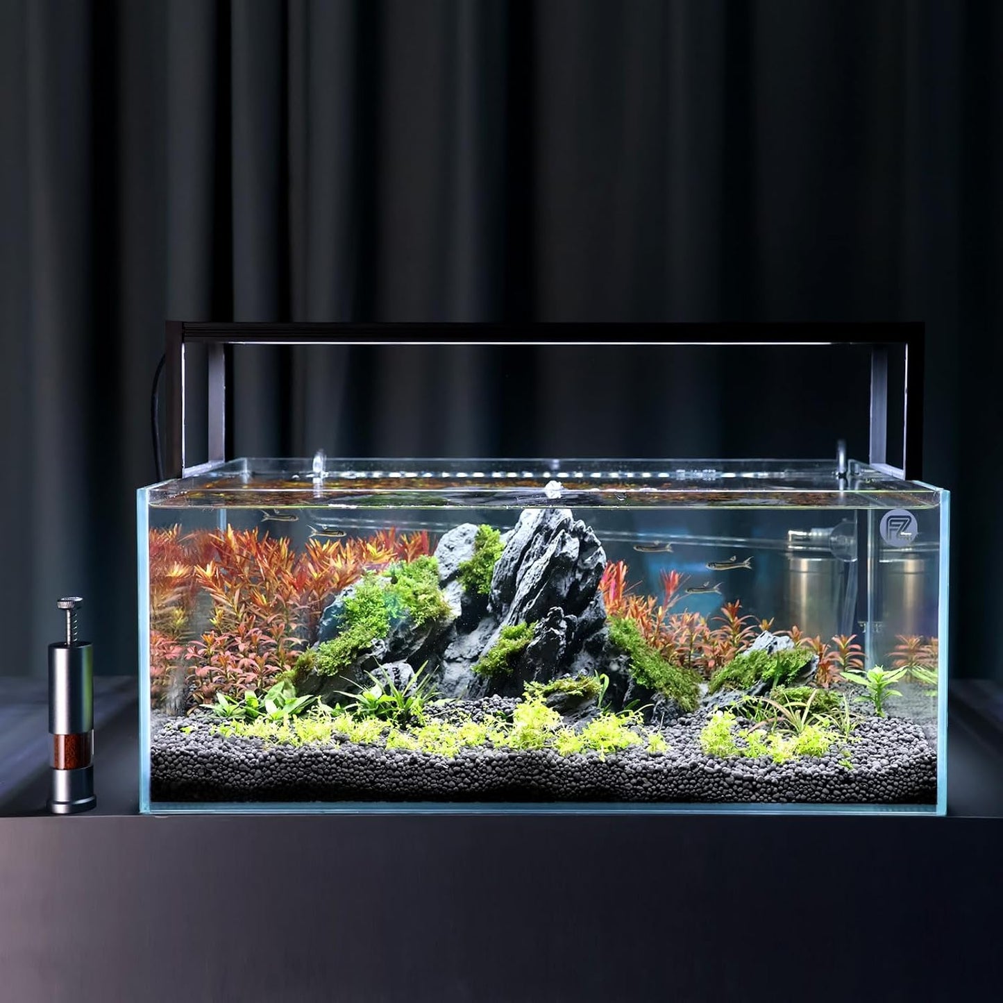 FZONE precision fish food dispenser detailing the top mechanical press button assembly
