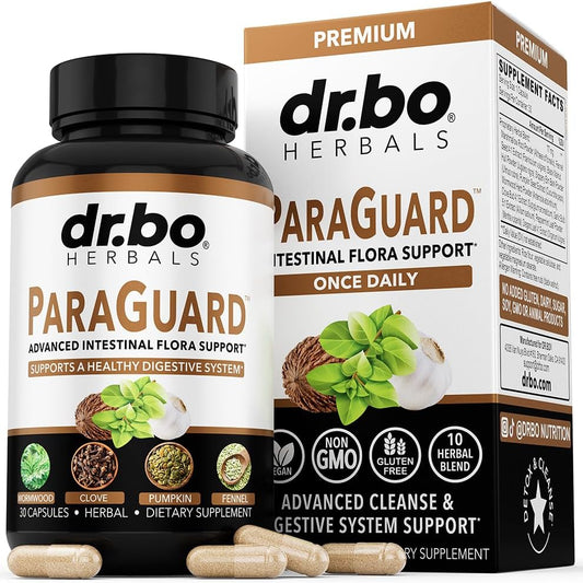 DR. BO ParaGuard Cleanse and Intestinal Guard Supplement bottle front view for gut health.