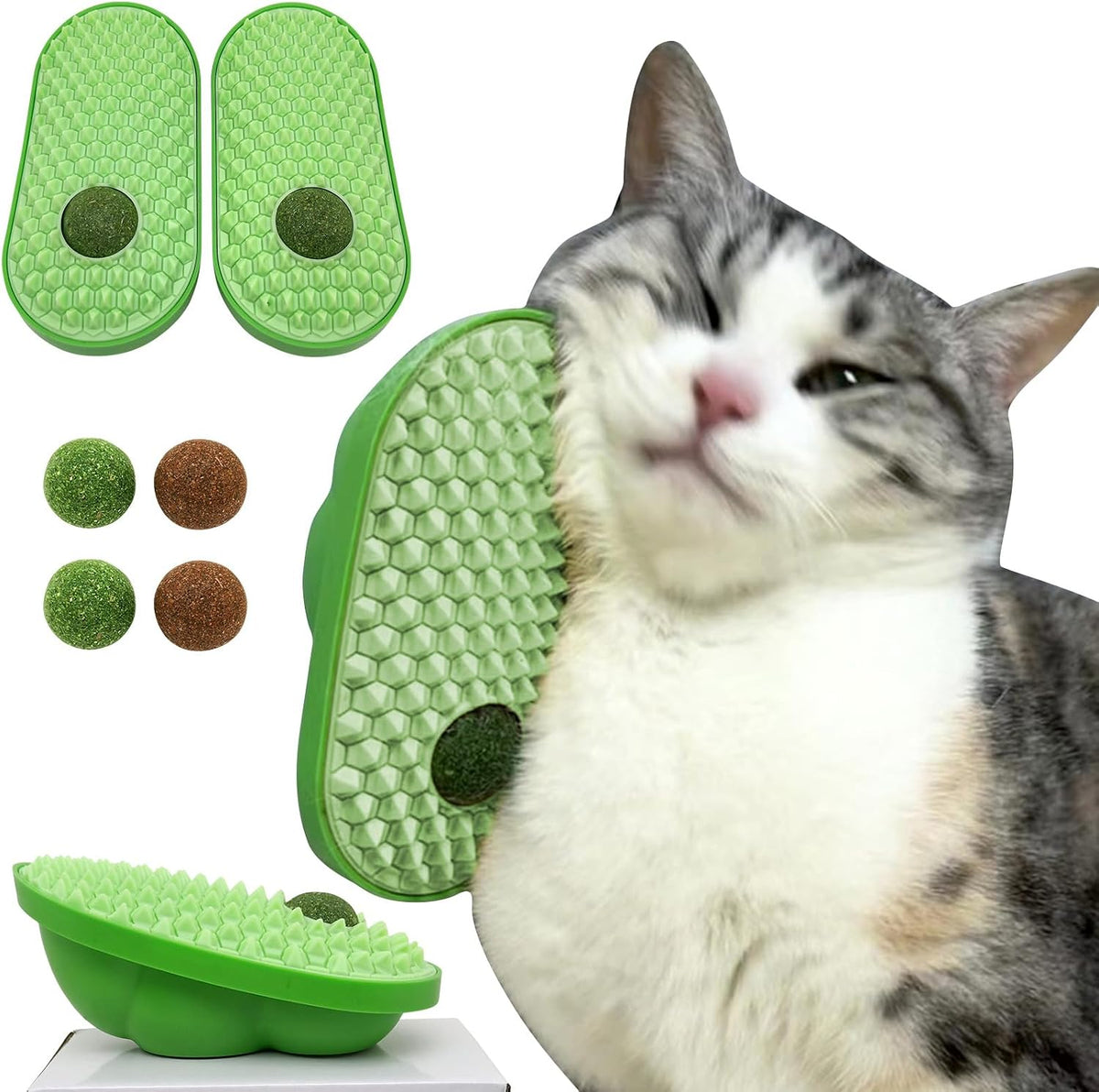 Two green pea shaped cat self groomers for indoor cats