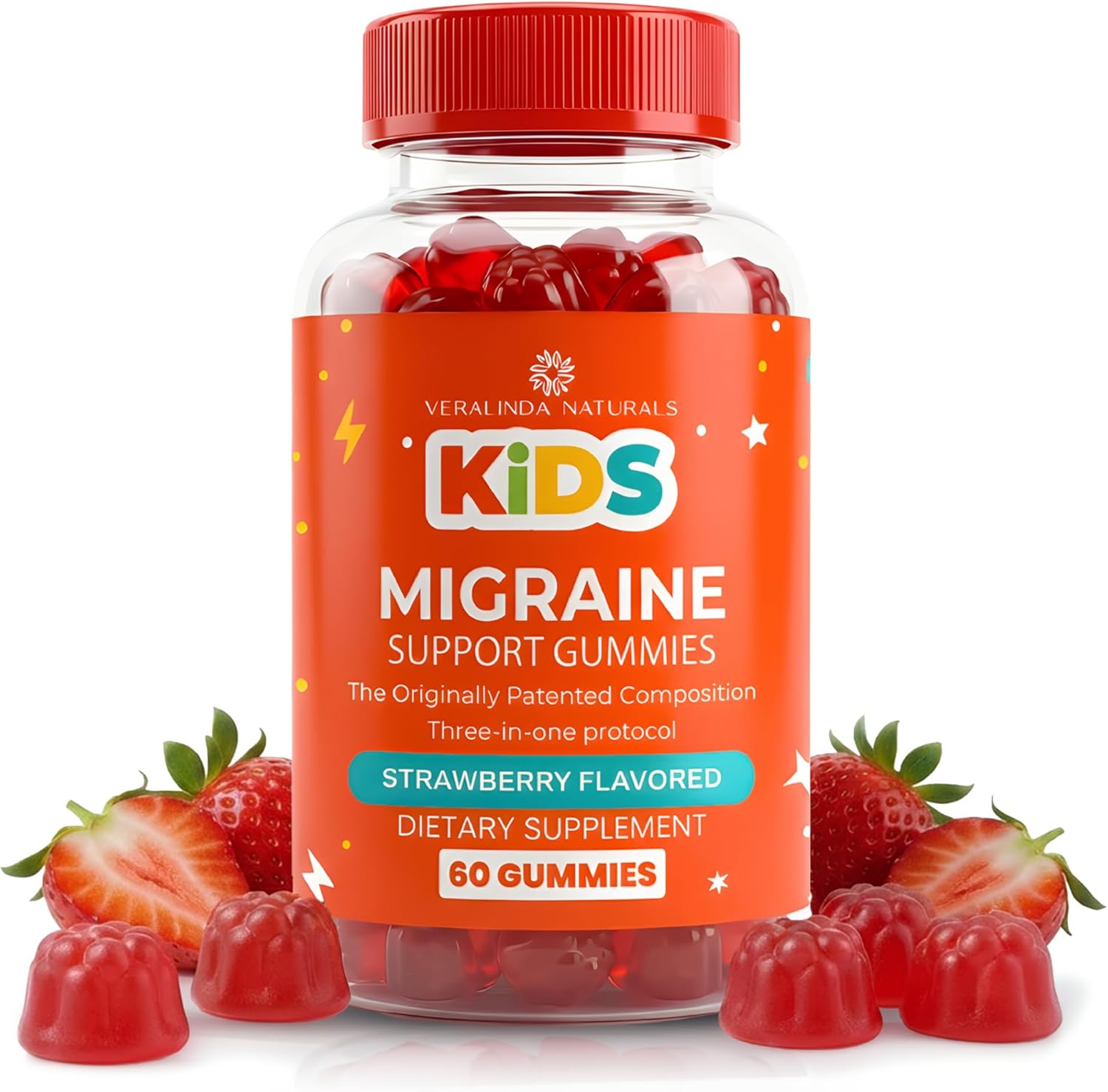 Veralinda Naturals Kids Migraine Support 60 Gummies front view bottle for pediatric head comfort