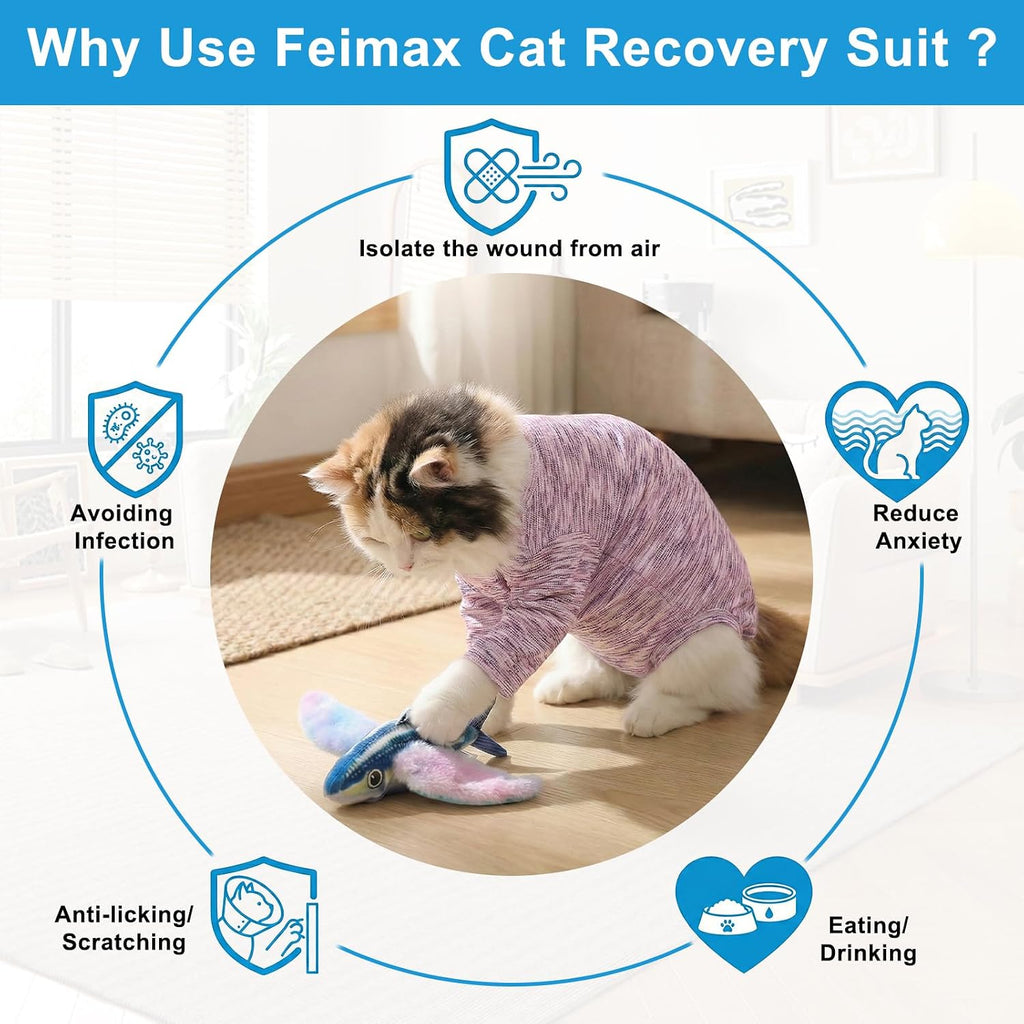 Adjustable neck strap detail on Feimax cat recovery suit