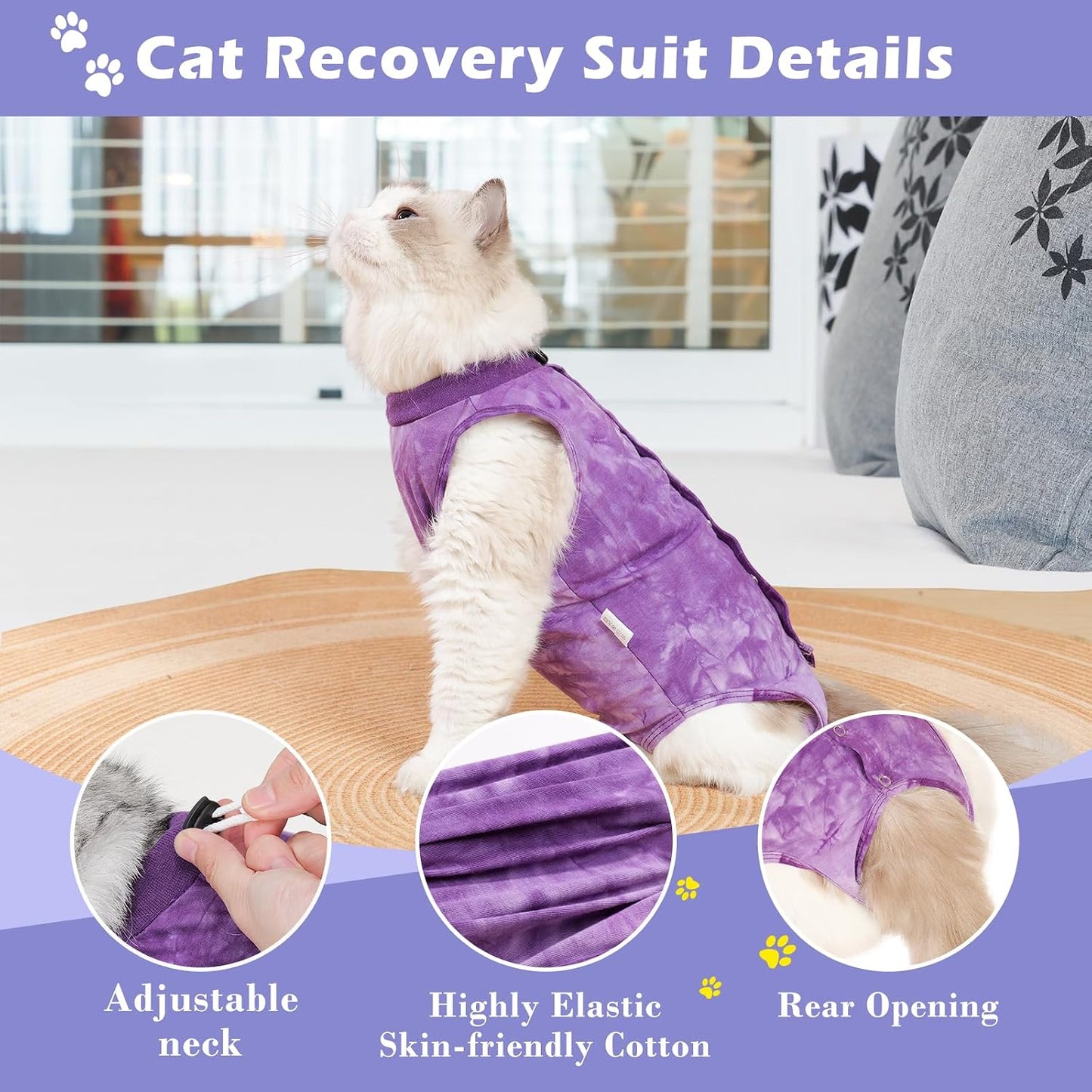 Aiieim purple and pink tie dye cat recovery garment close up soft breathable cotton fabric