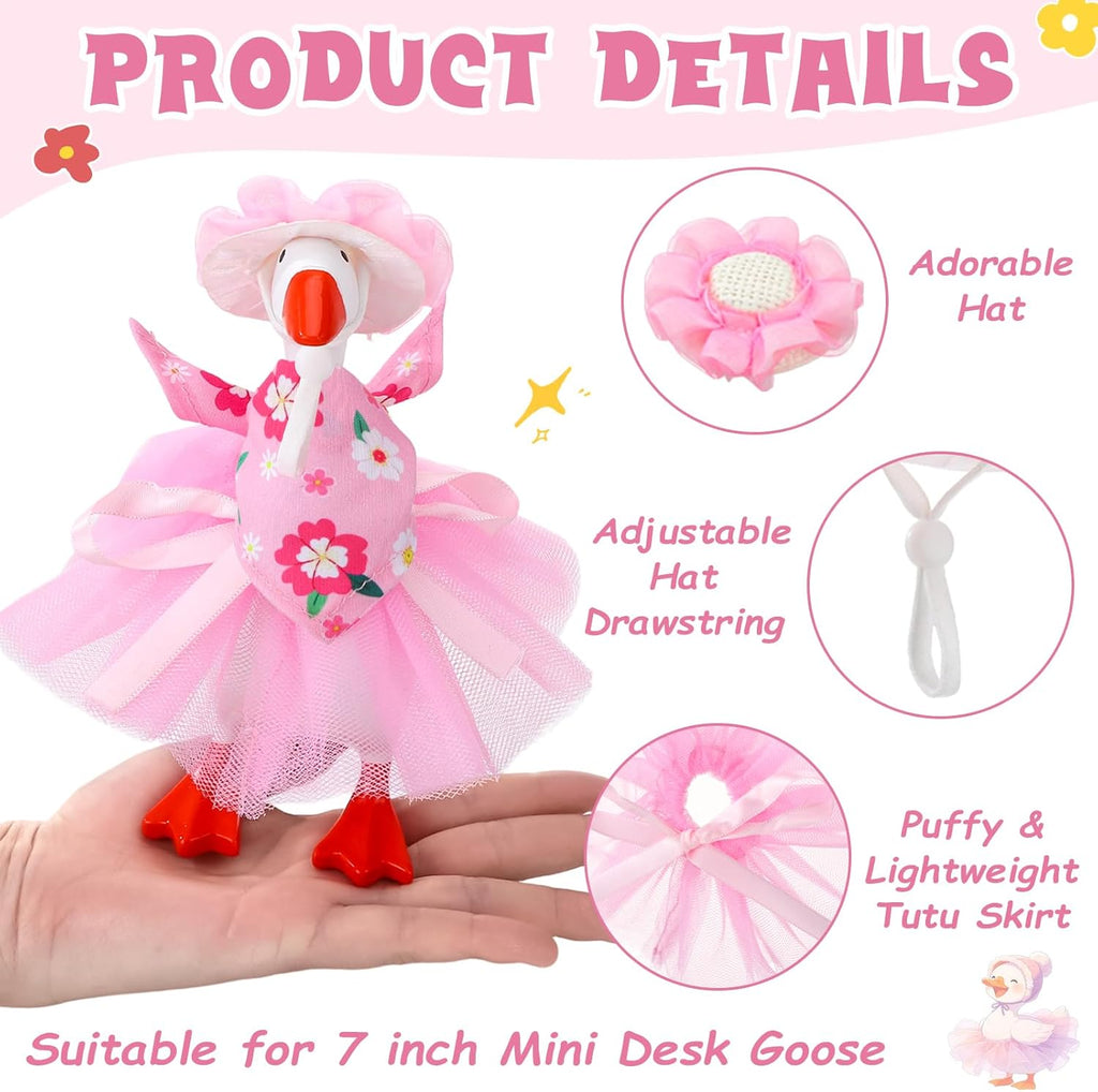 Miniature desktop goose wearing pink bonnet and matching floral bandana accessory