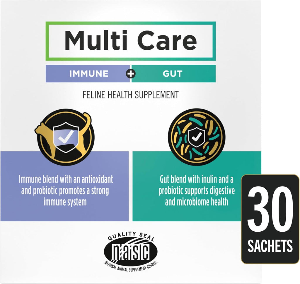 Multi Care feline immune and digestive health supplement back packaging.