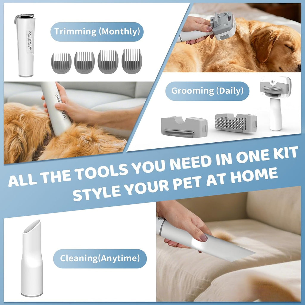Low noise pet grooming clipper attachment connected to the flexible vacuum hose