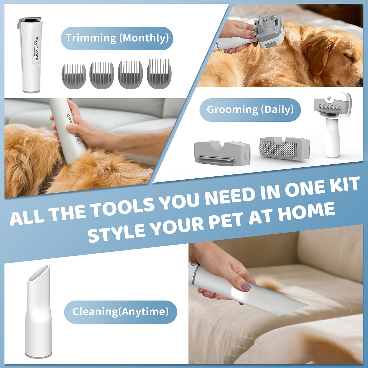 Low noise pet grooming clipper attachment connected to the flexible vacuum hose