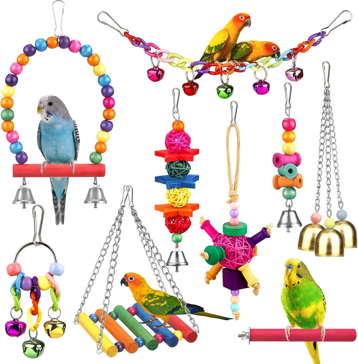 YIXUND bird toys set front view featuring colorful ladder and hammock