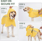 Full coverage pet rain jacket protecting a dog from wet grass and splashes.