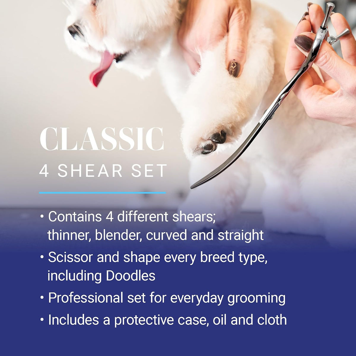 Ergonomic handle and dual finger studs of Chris Christensen dog grooming scissors