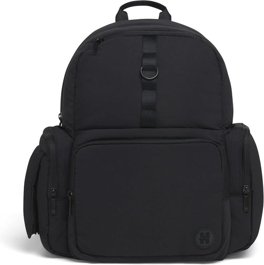 Huggies Signature Hug Pack diaper backpack front view in solid black vegan leather.