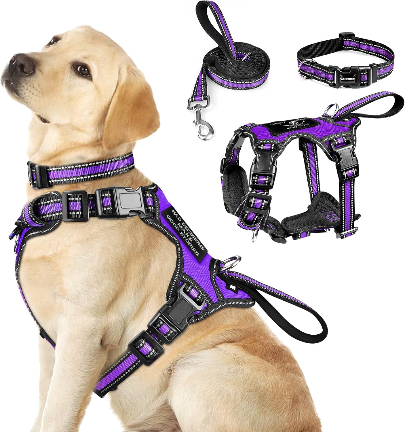 WINSEE Pet Harness Collar and Leash Set, All-in-one Reflective Dog Harness No Pull with Adjustable Buckles for Puppies, Small, Medium, Large, and Extra-Large Dogs (Large, Pink) - Image 13