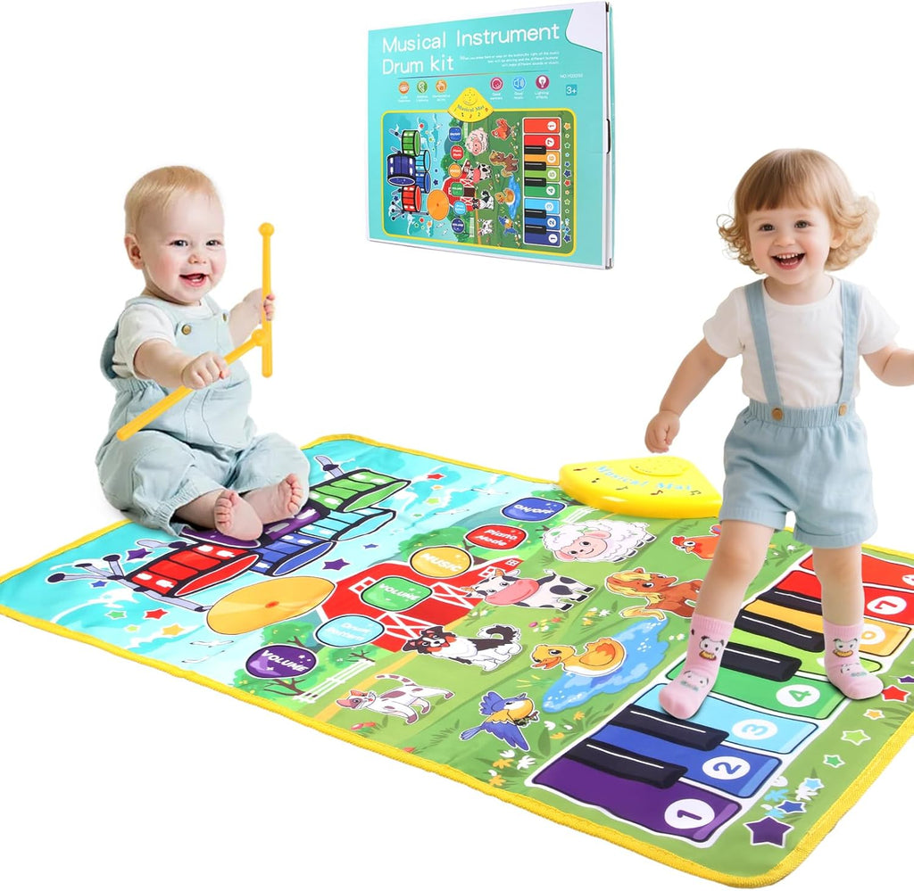 Foki 3-in-1 musical mat front view displaying farm animal graphics and piano keys