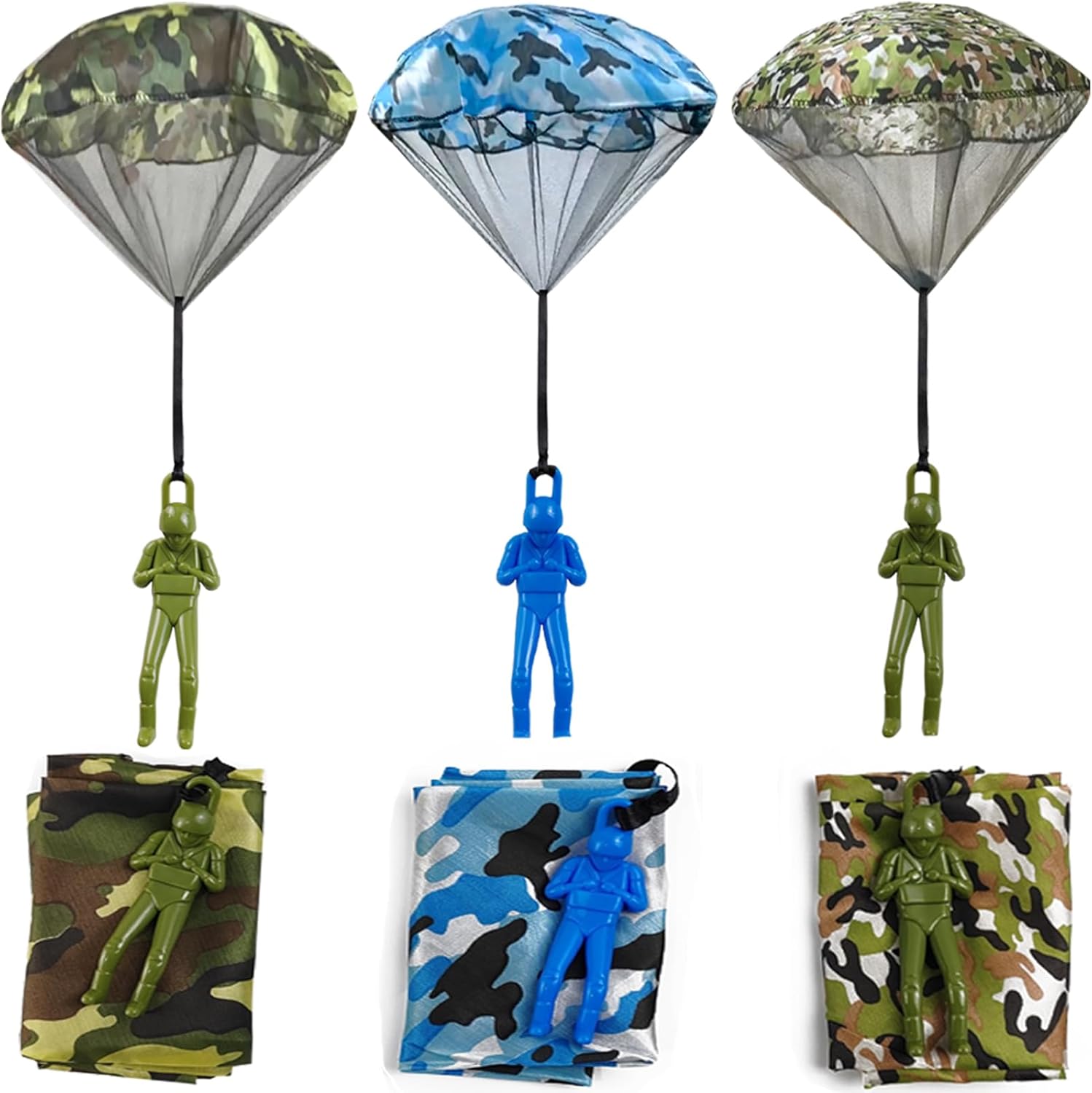 ROYHOO 6 Pieces Army Camo Parachute Toys front view of assorted camouflage colors