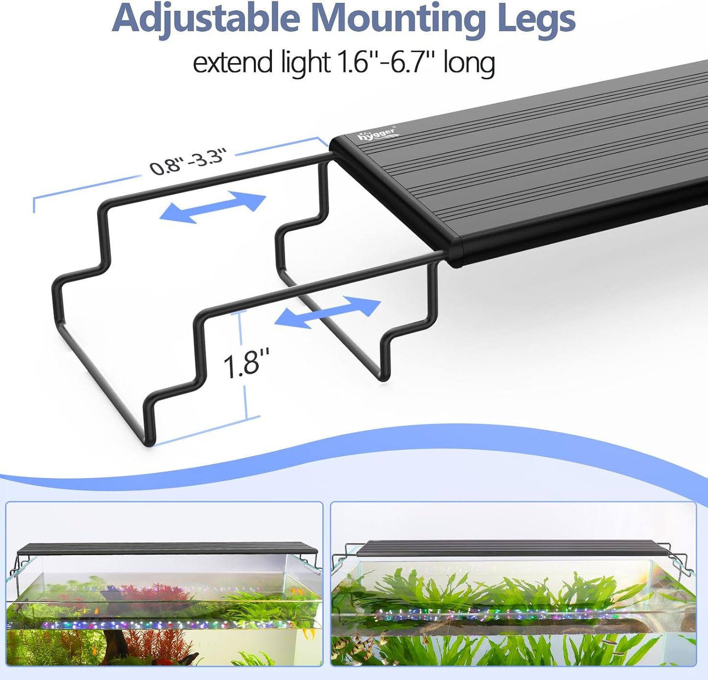 Hygger programmable fish tank lamp cycling through different vibrant color spectrum choices inside a freshwater aquarium.
