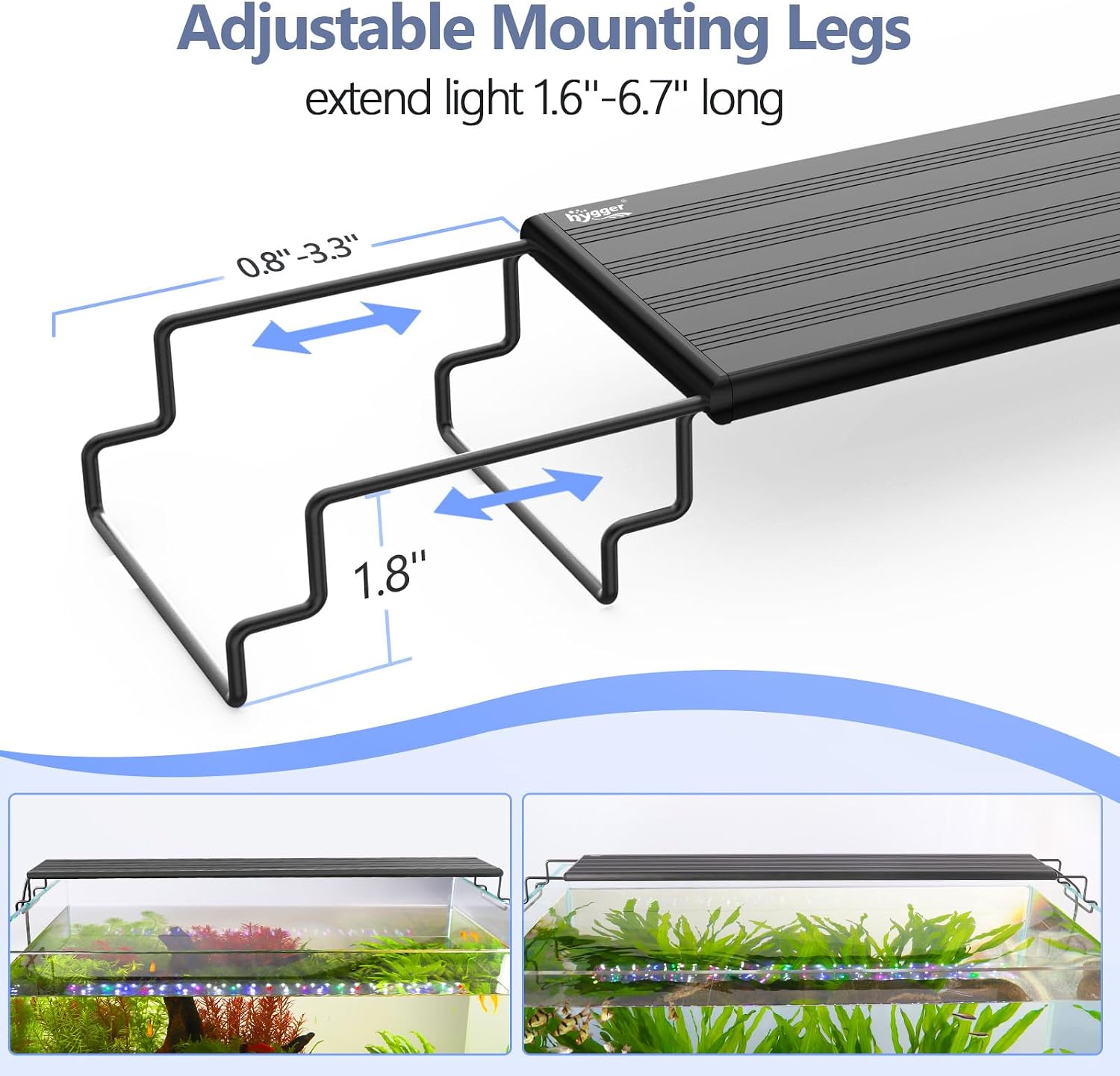 Hygger programmable fish tank lamp cycling through different vibrant color spectrum choices inside a freshwater aquarium.