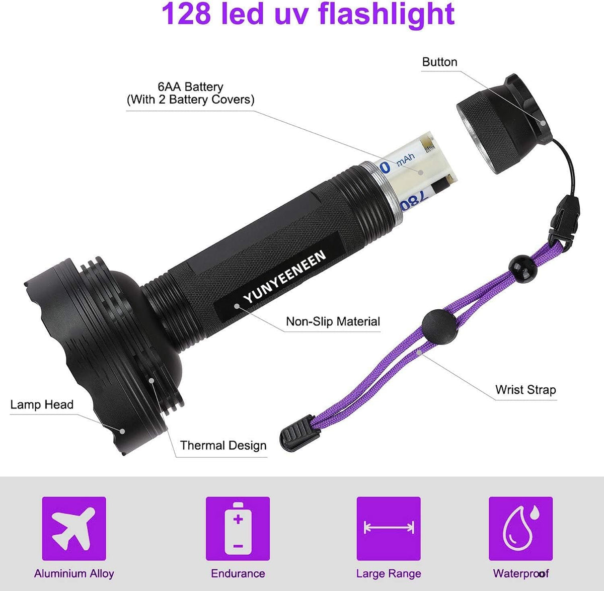 Durable black aluminum UV flashlight showcasing the anti abrasive non slip textured grip and lanyard.