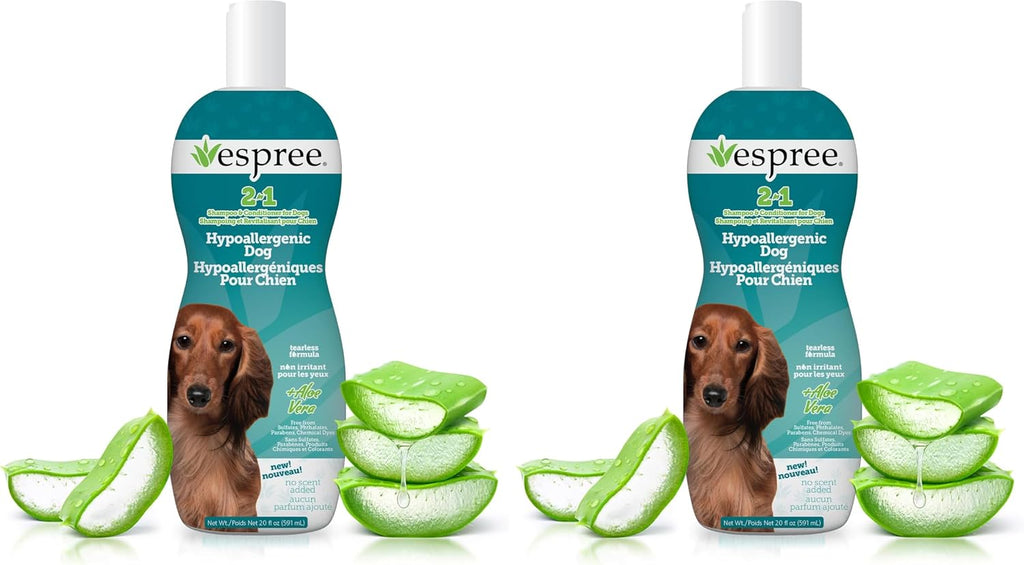 Espree sensitive skin pet care shampoo bottle showing 20 fluid ounce size packaging.