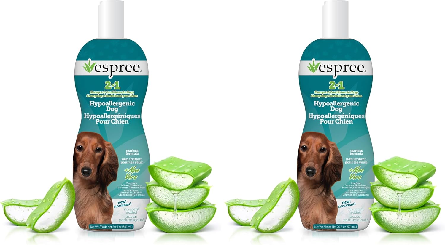 Espree sensitive skin pet care shampoo bottle showing 20 fluid ounce size packaging.