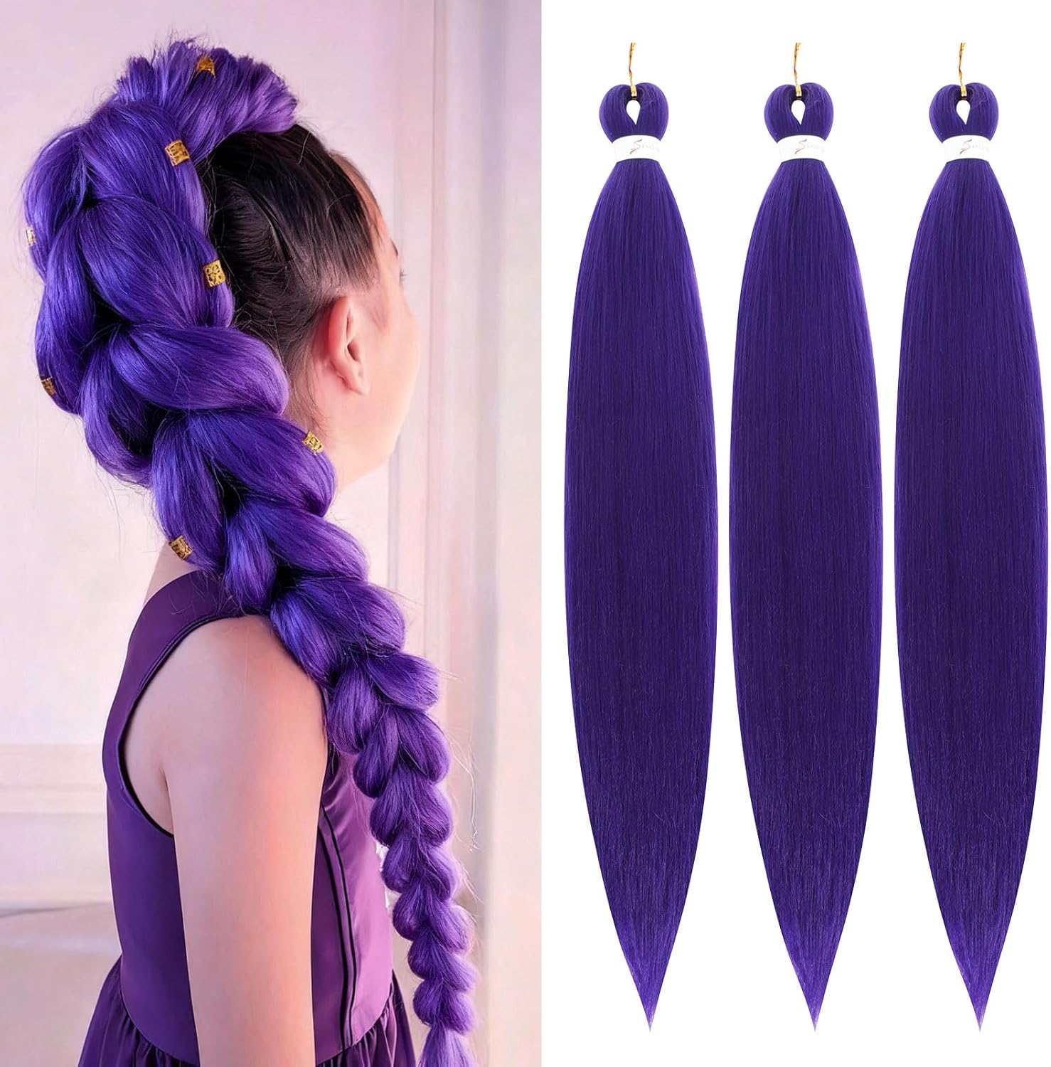 Generisch purple braiding hair front view of three pre stretched bundles