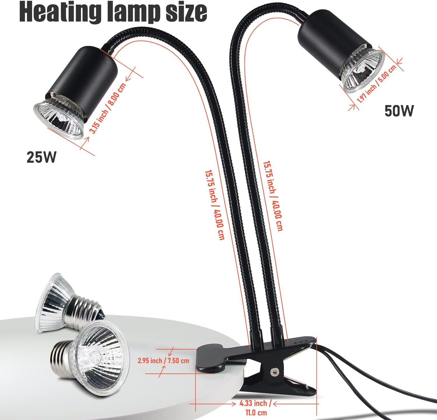 TFNN premium reptile heating lamp highlighting the heavy duty anti slip mounting clamp.