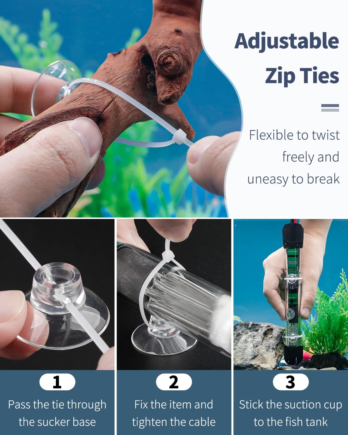 Rotatable plastic clip inserted into clear suction cup base for fish tanks.