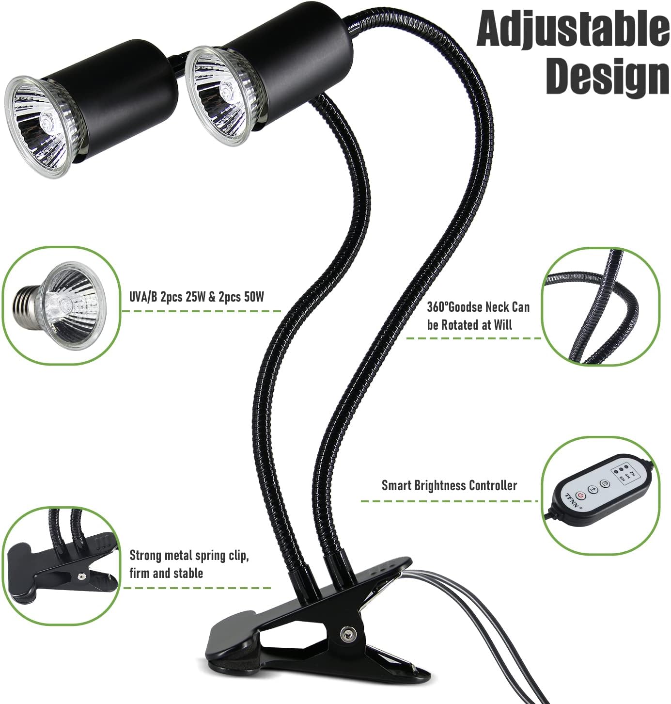 TFNN reptile light fixture with flexible 360 degree goosenecks and two halogen bulbs.