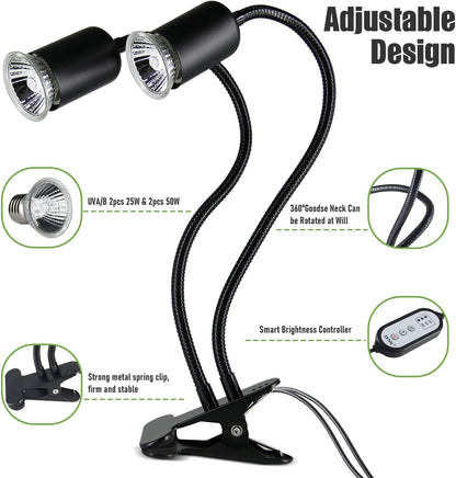 TFNN reptile light fixture with flexible 360 degree goosenecks and two halogen bulbs.