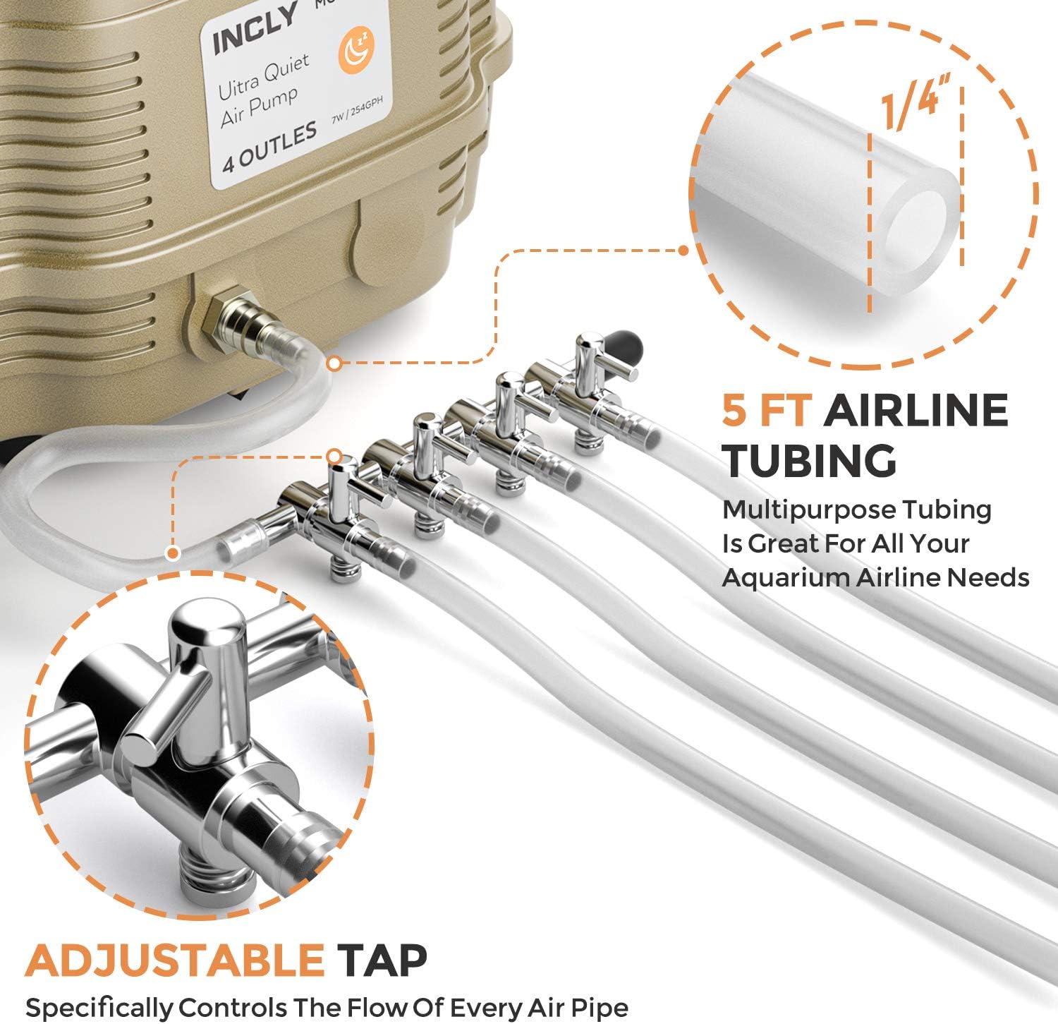 Incly 7W aquarium oxygen pump connected to multiple sponge filters